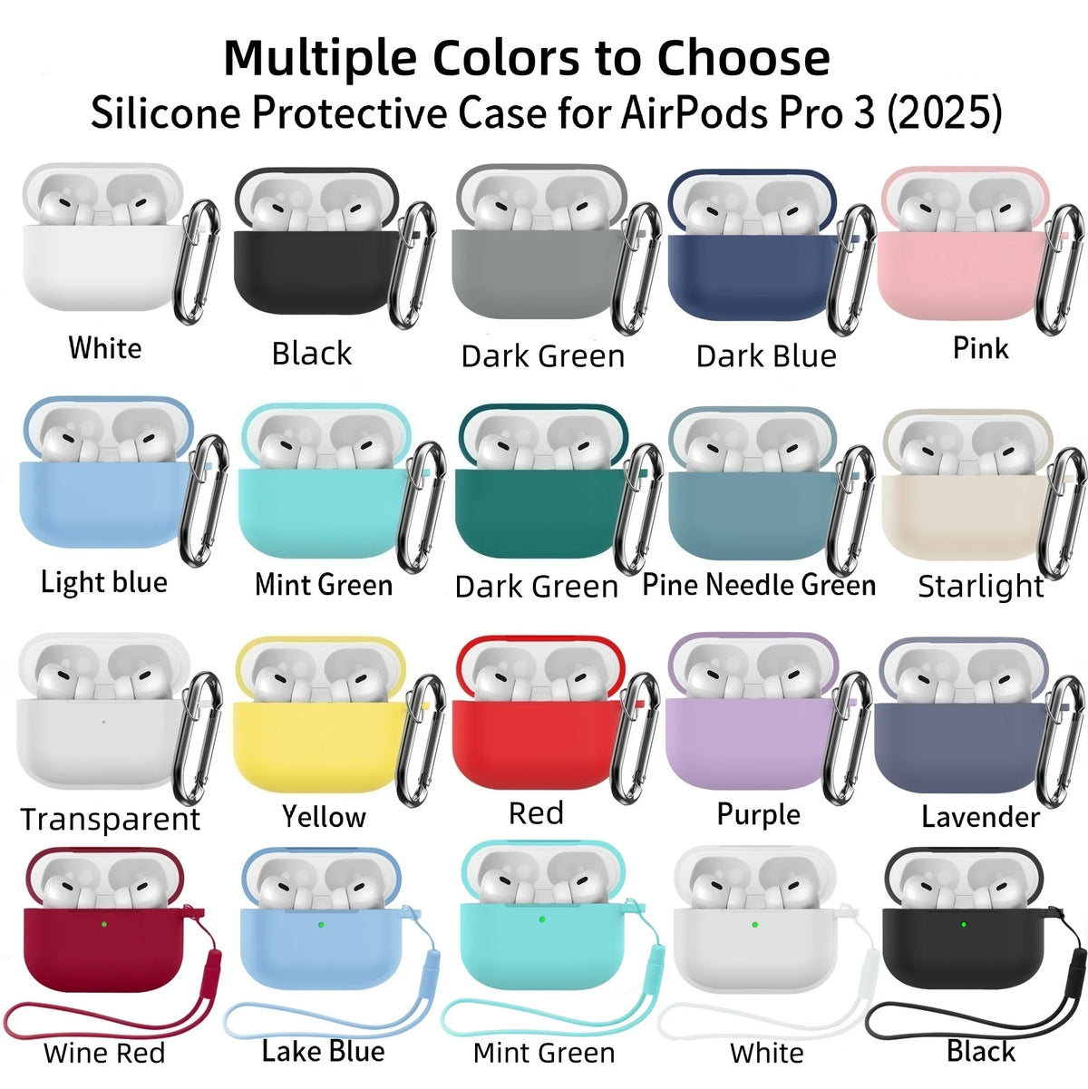 A variety of silicone protective cases for AirPods Pro 3 shown in multiple colors including white, black, green, blue, pink, 