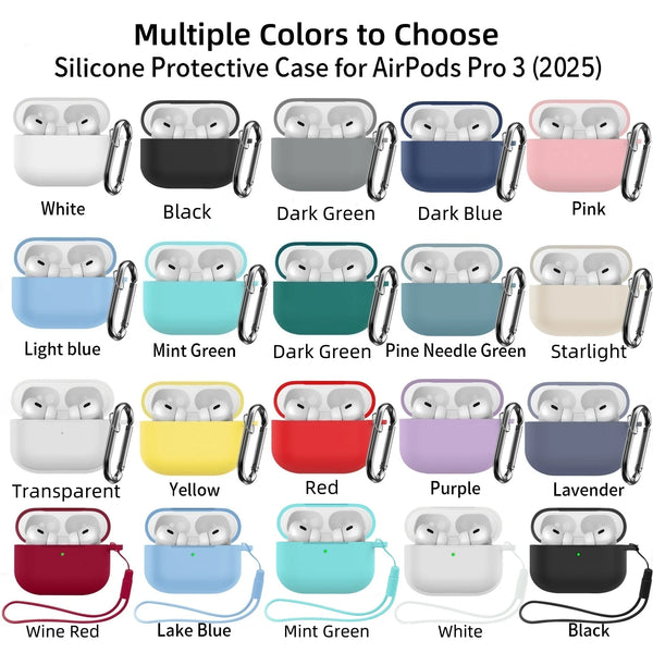 A variety of silicone protective cases for AirPods Pro 3 shown in multiple colors including white, black, green, blue, pink, 