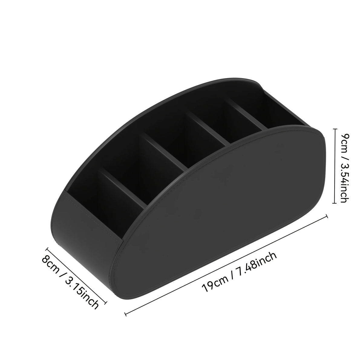 Black plastic remote control holder and desk organizer tray with multiple slots