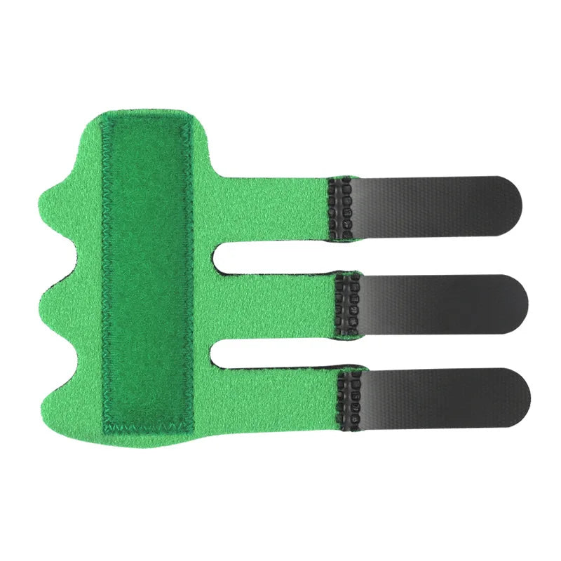 A green adjustable finger splint designed for pain relief and support.