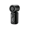 A black portable rechargeable handheld cooling fan with a circular grille and an on/off switch.