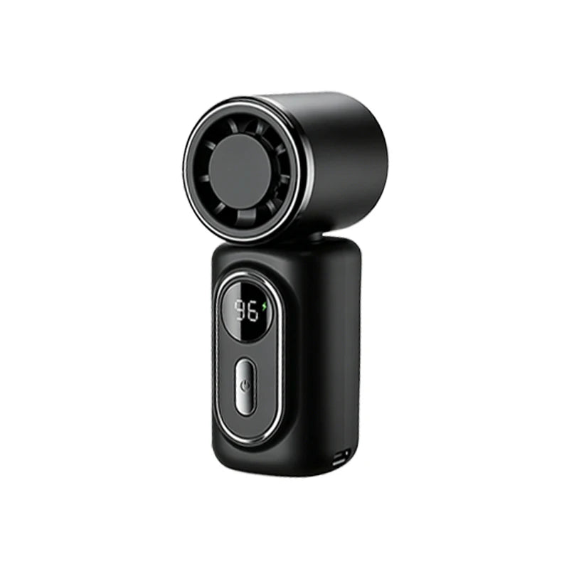 A black portable rechargeable handheld cooling fan with a circular grille and an on/off switch.