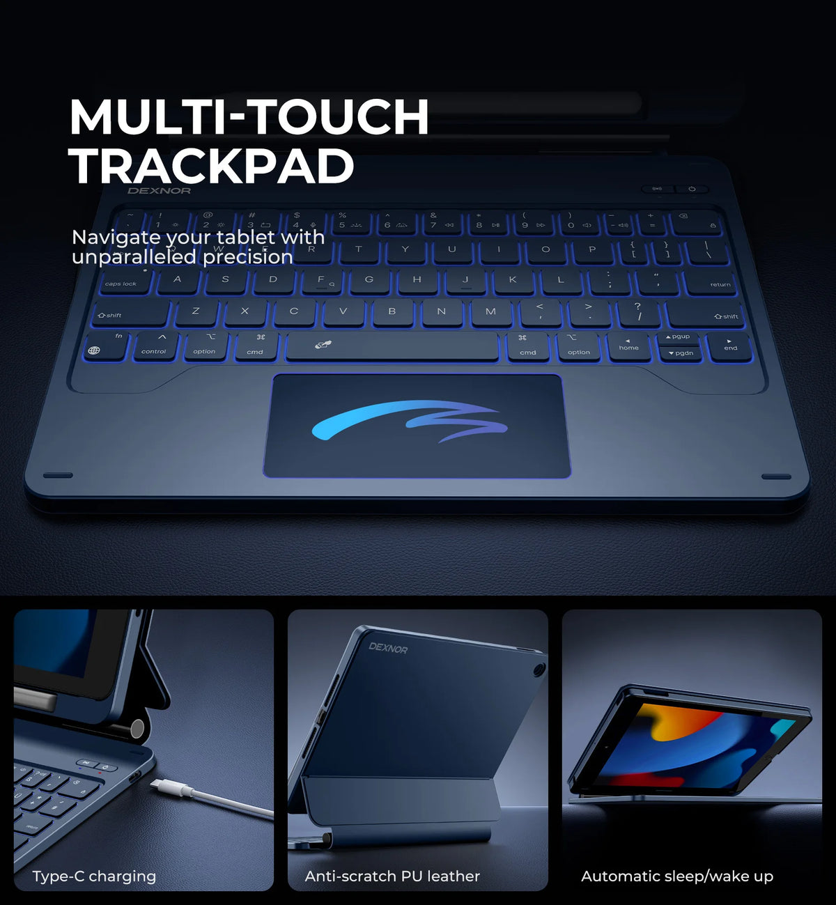 A multi-touch trackpad is shown with accessories including a Type-C charging cable, anti-scratch PU leather, and automatic sl