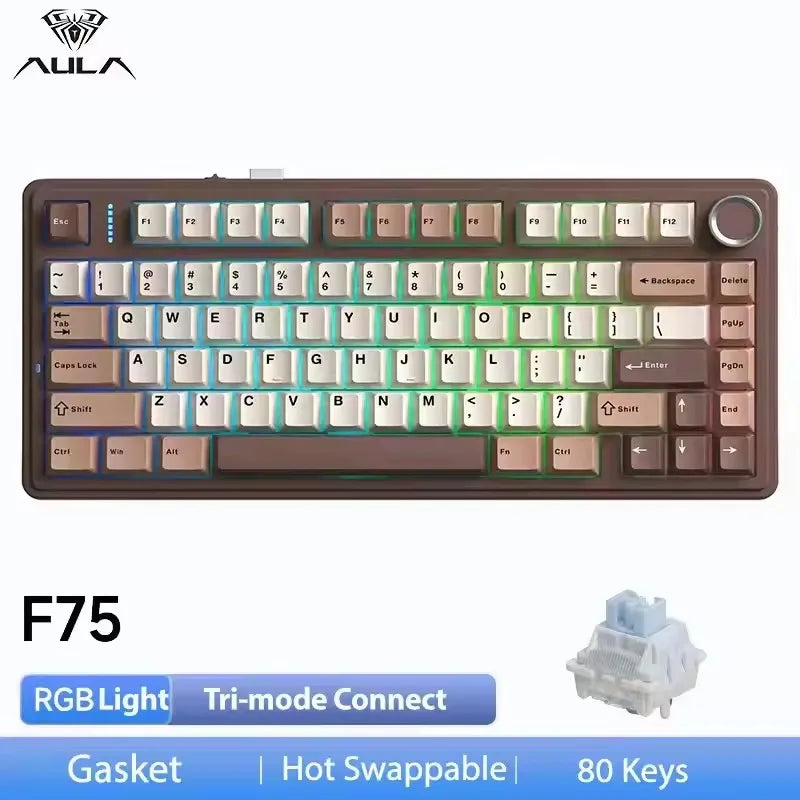A close-up view of the AULA F75 mechanical keyboard showing its layout and features.