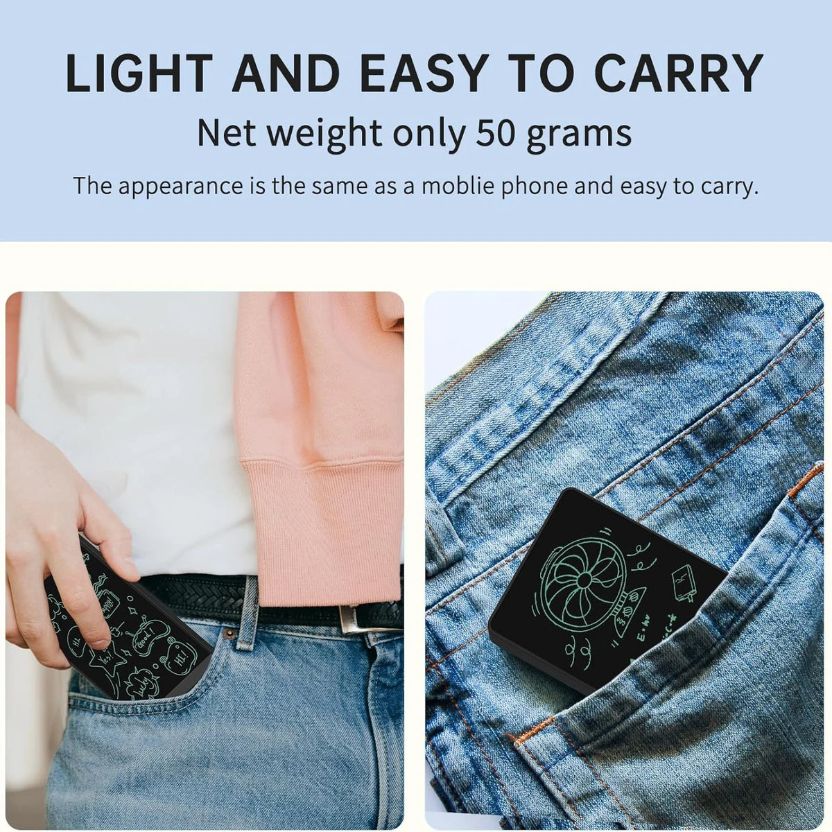 A black writing tablet is shown inside a blue denim jeans pocket, demonstrating its portability.