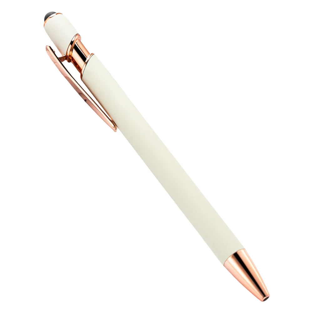 A white retractable stylus and ballpoint pen with gold accents.