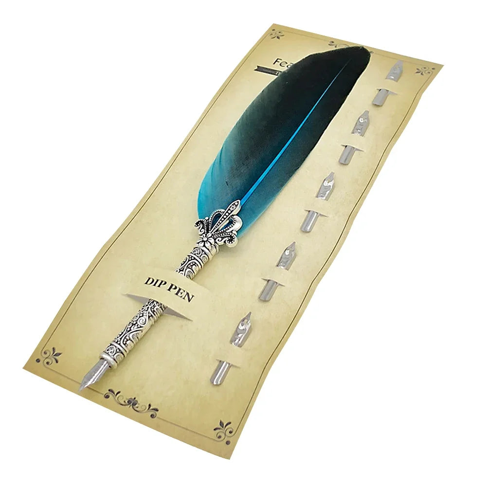 A set of retro calligraphy dip pens and a feather displayed on a light brown paper background.
