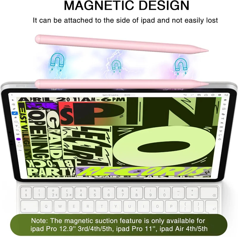 A pink magnetic design stylus pen is shown above an iPad, demonstrating its attachment feature.