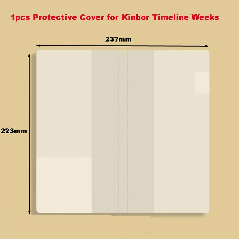 A protective cover for a Kinbor timeline weeks journal, showing the dimensions of 237mm by 223mm.