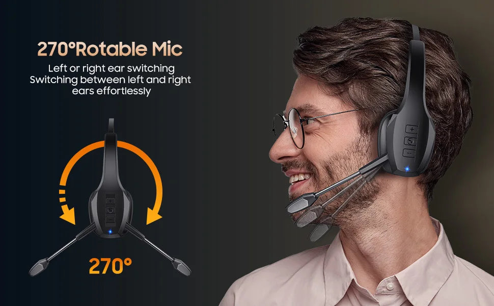 A man wearing a black Bluetooth headset for truck drivers is shown, highlighting its 270 degree rotatable mic feature.