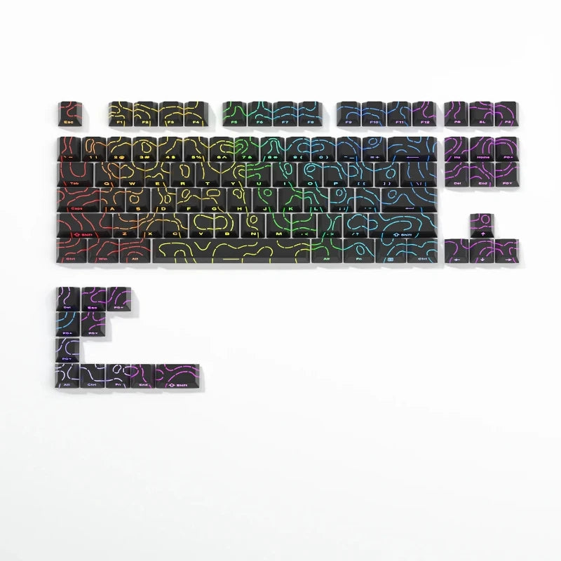 A set of PBT keycaps featuring topographic legends printed in various colors like yellow, green, and blue.