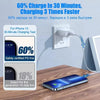 A smartphone is shown plugged into a wall outlet via a charging cable, demonstrating fast charging capability.