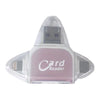 A clear plastic card reader with a pink housing and a silver interface for reading SD or TF cards.
