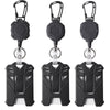 Black retractable badge clip for ID cards and credit cards shown in multiple views