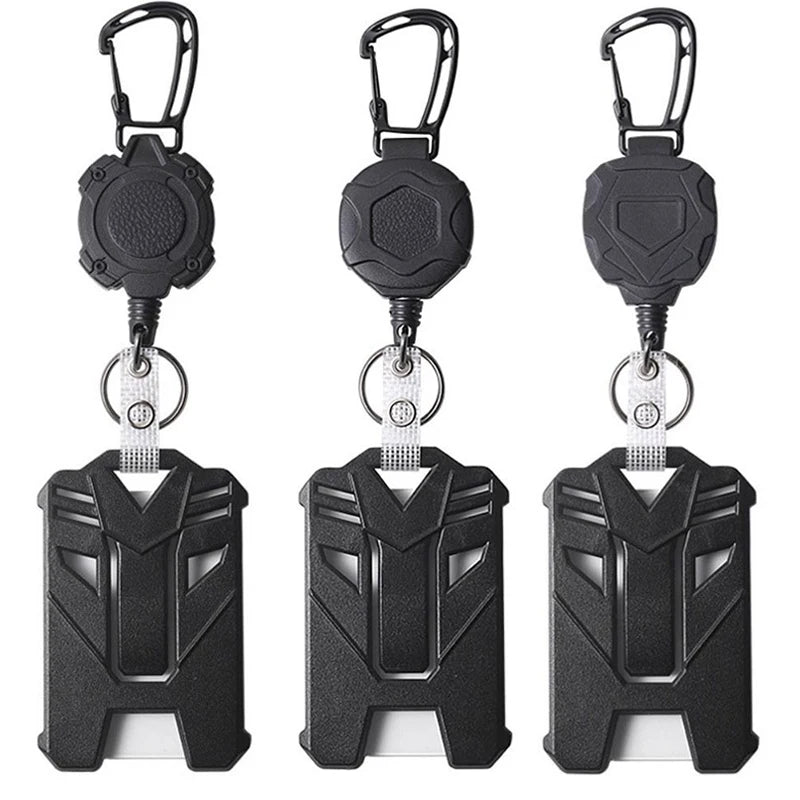 Black retractable badge clip for ID cards and credit cards shown in multiple views