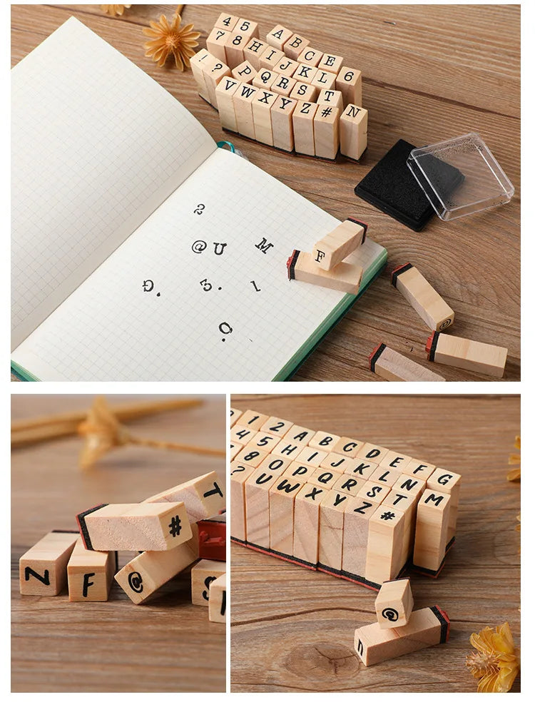 A collection of vintage wooden stamp seals and alphabet blocks used for card making and crafting.