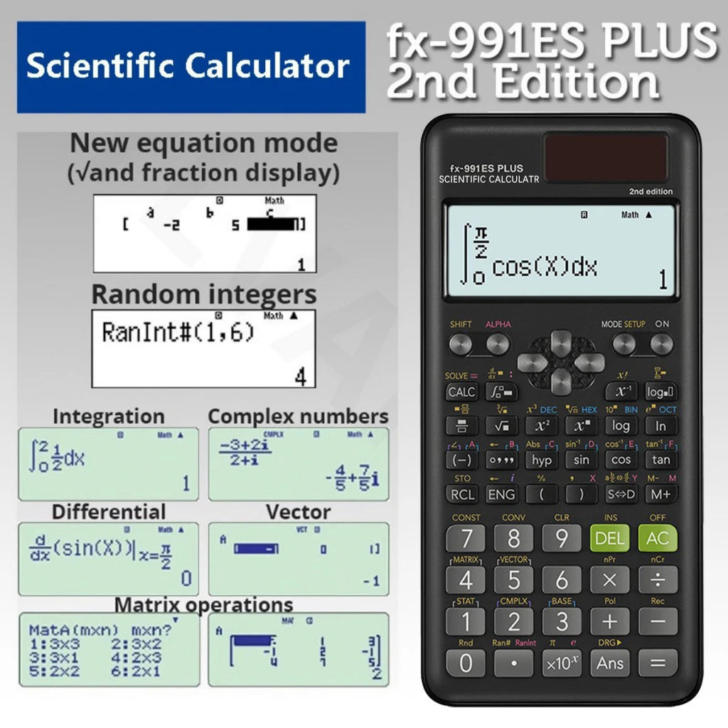 A black fx-991ES PLUS scientific calculator with a display showing the integral of cos(x) dx