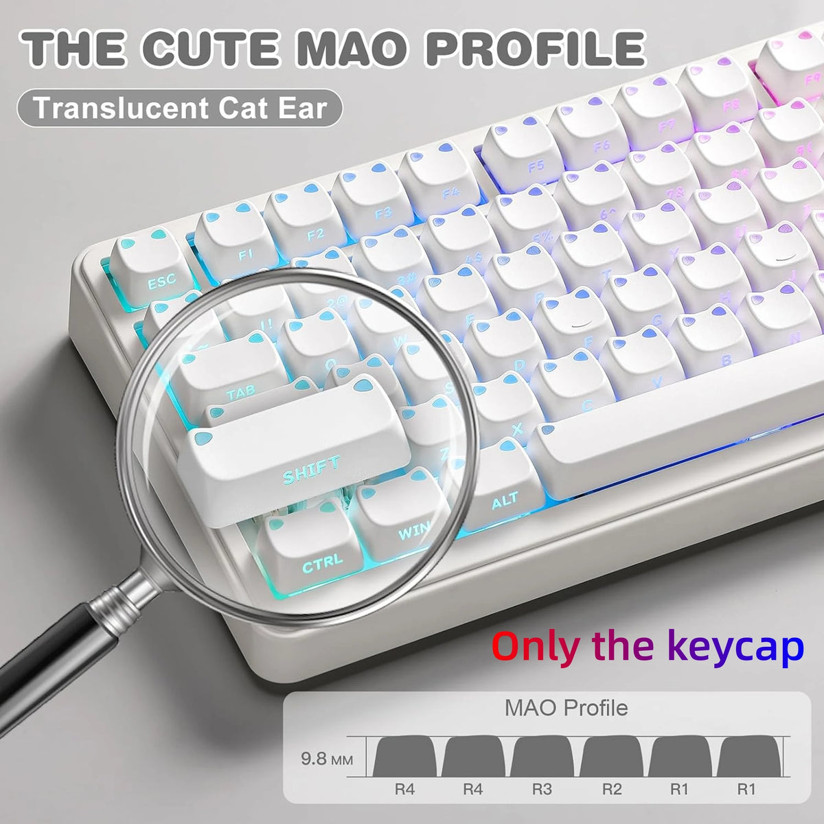 A close-up view of a translucent cat ear keycap on a white mechanical keyboard with a magnifying glass.