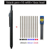 A black ballpoint pen set including one pen, ten refills, and one box of lead with four black, four blue, and two red tips.
