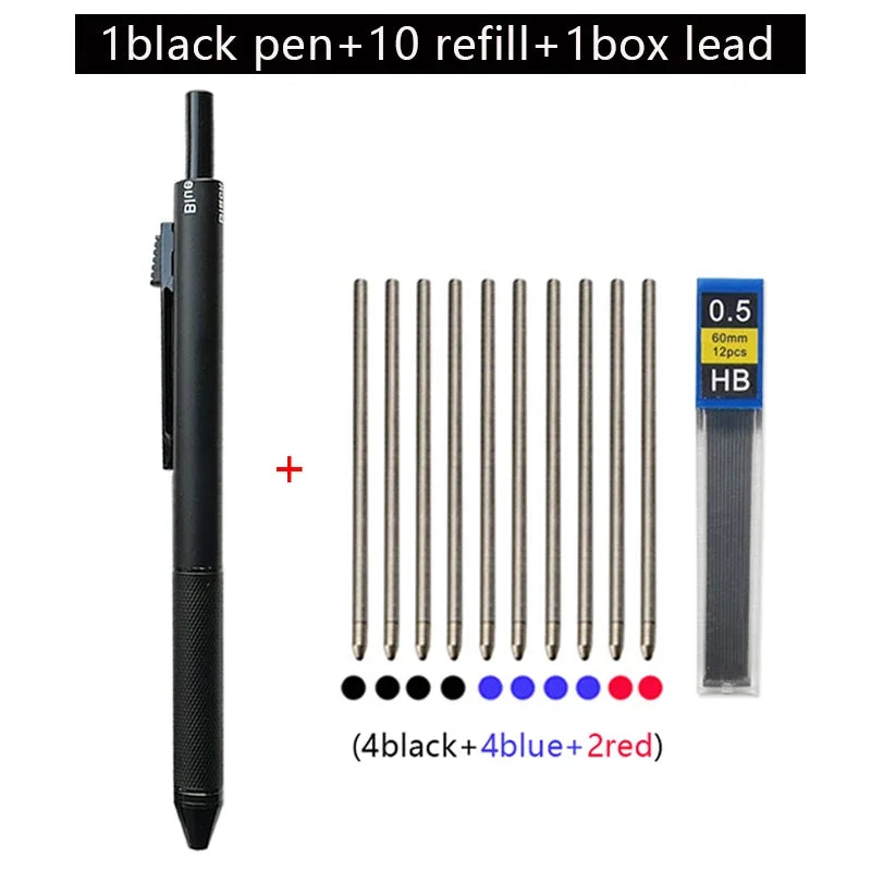 A black ballpoint pen set including one pen, ten refills, and one box of lead with four black, four blue, and two red tips.