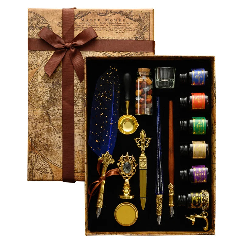 A luxury fountain pen set with a wax seal kit presented in a brown paper box and wooden display case.