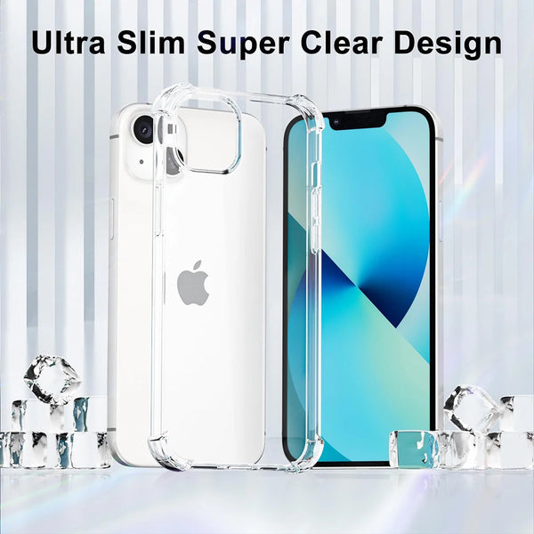 Ultra slim super clear phone cases for iPhone and Android devices displayed with surrounding clear ice cubes
