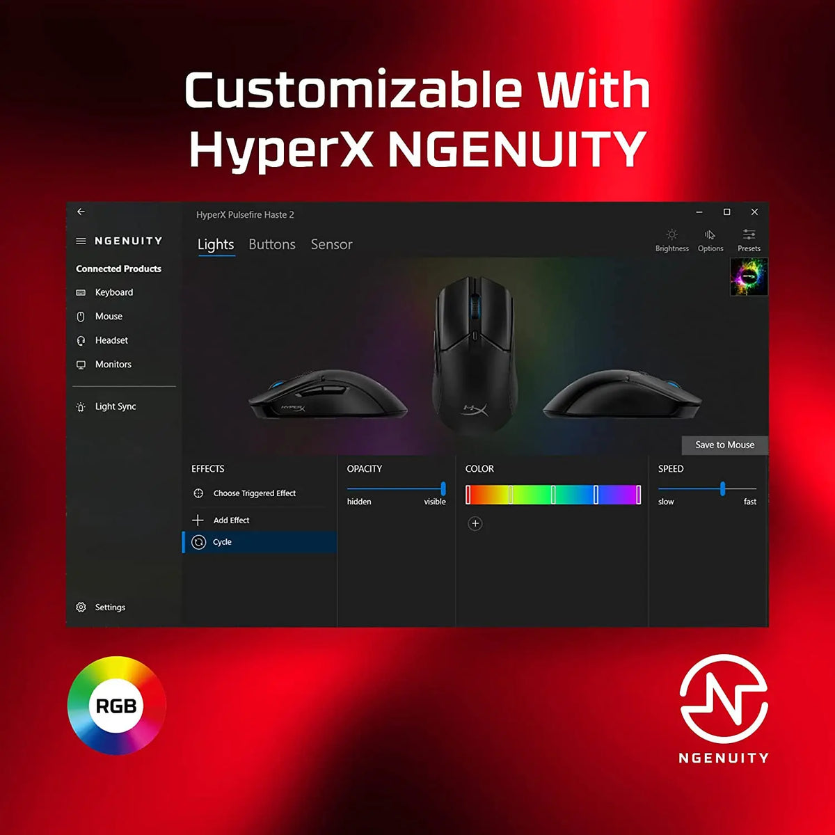 Software-Oberfläche mit Anpassungsoptionen für die HyperX Pulsefire Haste 2 Gaming-Maus