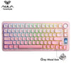 Pink AULA Tarantula wireless mechanical gaming keyboard with grey wood axis and LED screen