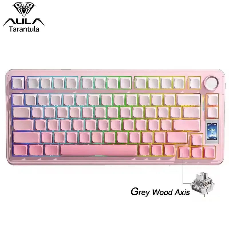 Pink AULA Tarantula wireless mechanical gaming keyboard with grey wood axis and LED screen