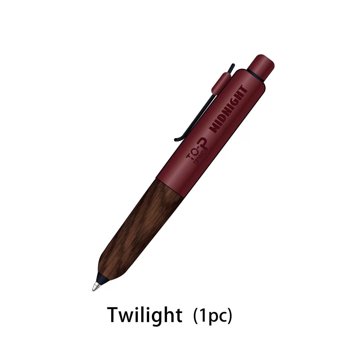 Pluma metálica retro de color rojo oscuro y negro con agarre de madera etiquetada MIDNIGHT.