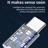 A close-up view of a white charging cable with an electronic chip design, illustrating fast charging technology.