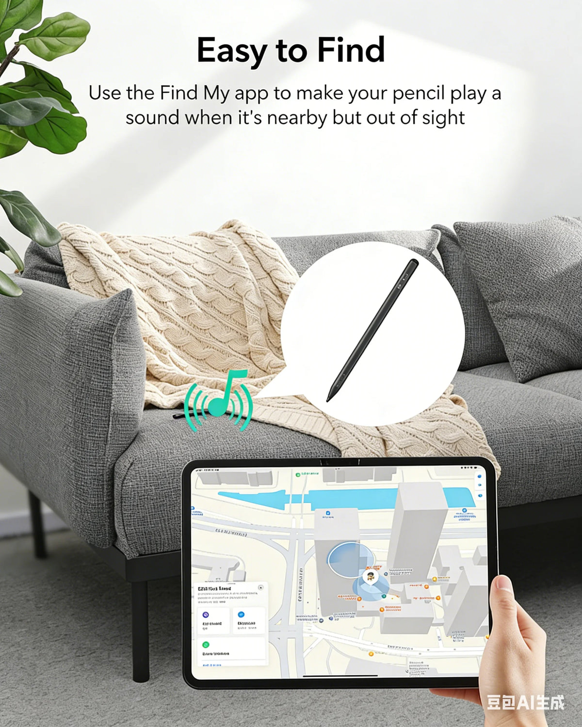 A hand holds an iPad displaying the Find My app interface, demonstrating a precision stylus pen.