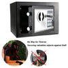 A black digital lock safe box with a keypad and a security feature against theft.