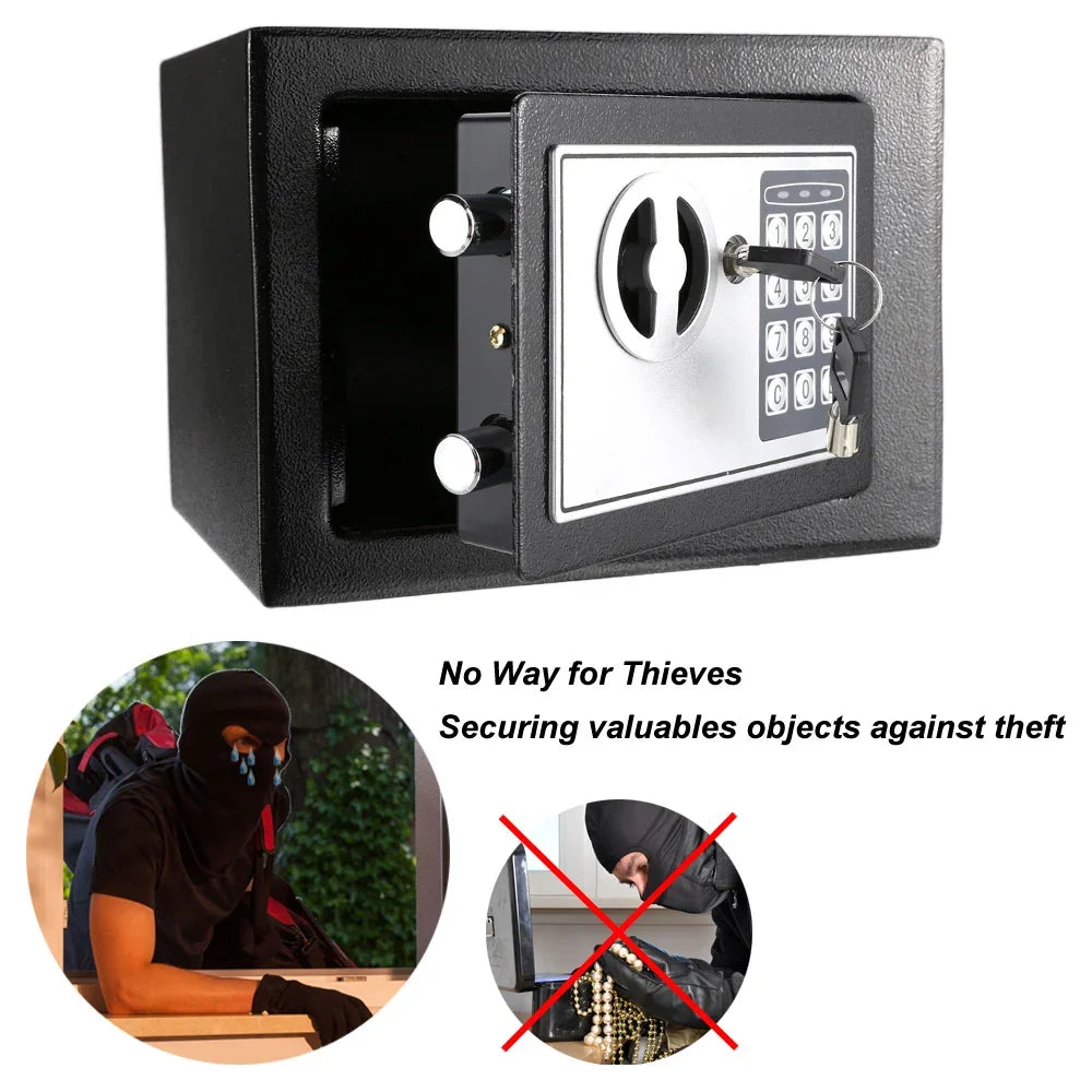 A black digital lock safe box with a keypad and a security feature against theft.