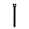 A black reusable nylon cable organizer tie with a clip at the top.