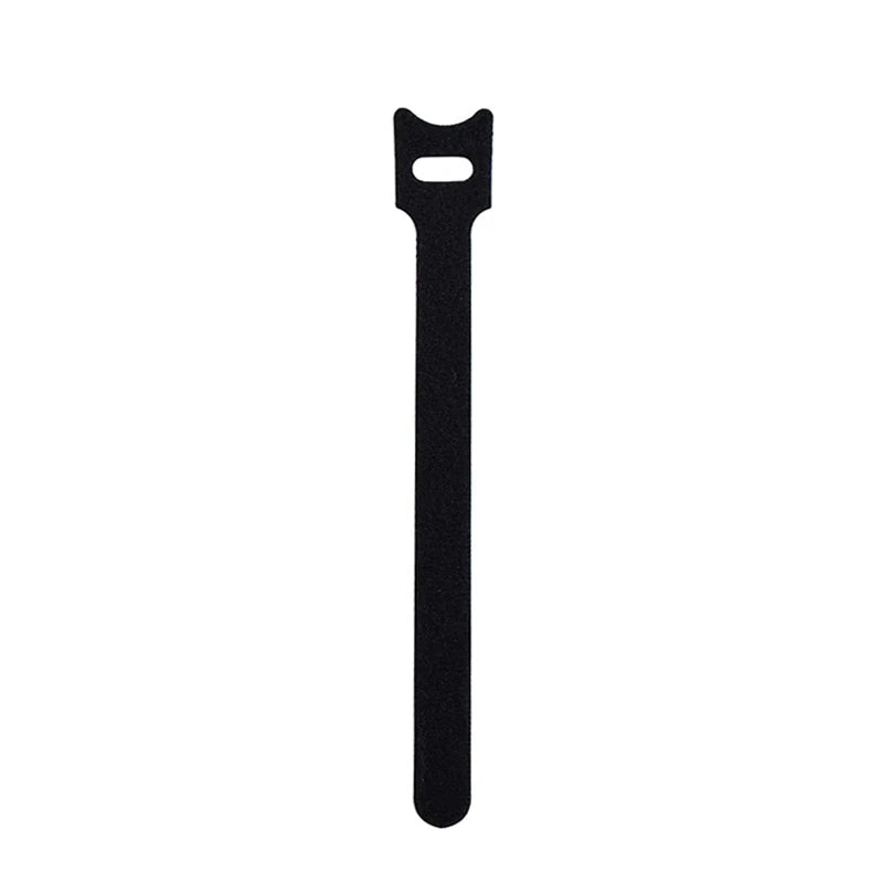 A black reusable nylon cable organizer tie with a clip at the top.