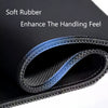 A close-up of a black mouse pad with a blue rubber grip, designed to enhance the handling feel.