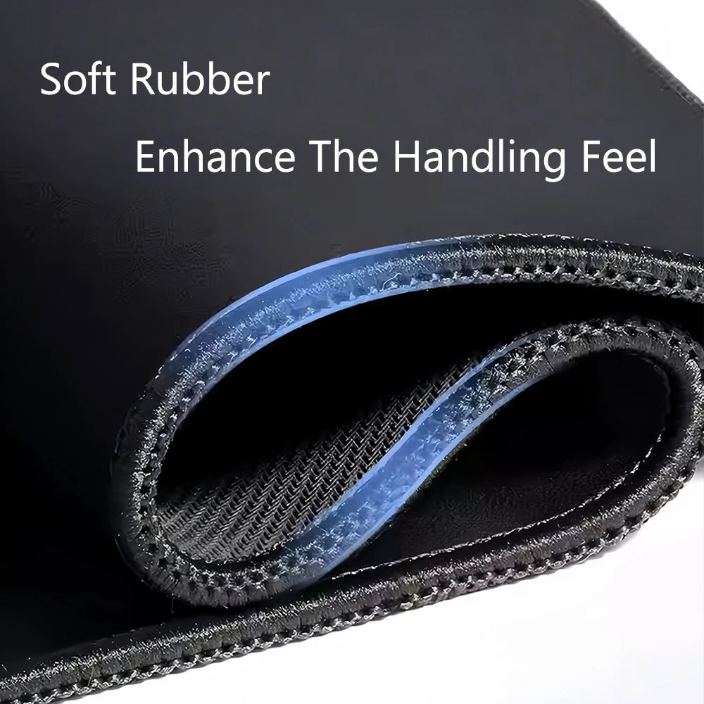 A close-up of a black mouse pad with a blue rubber grip, designed to enhance the handling feel.