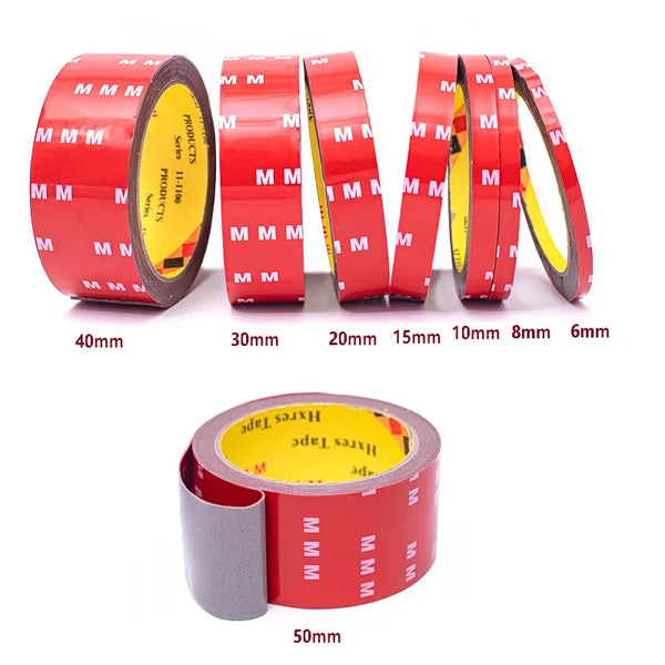 Rolls of red double-sided acrylic foam tape in various widths and a 50mm roll.