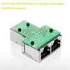 A green PCB motherboard with dual RJ45 Ethernet ports mounted on a silver adapter housing.