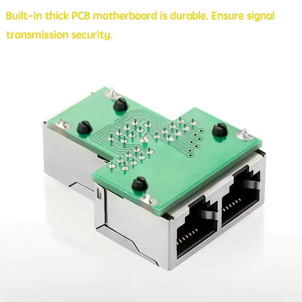 A green PCB motherboard with dual RJ45 Ethernet ports mounted on a silver adapter housing.