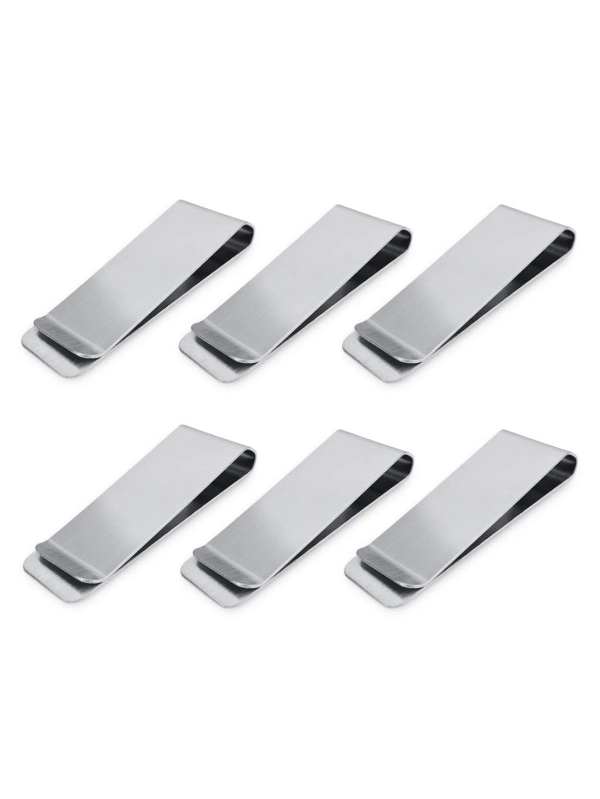 A set of five ultra-thin stainless steel money clips displayed diagonally on a white background.