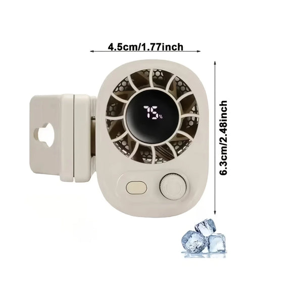 A white clip-on car fan with a circular grille and a display showing 15% battery level.