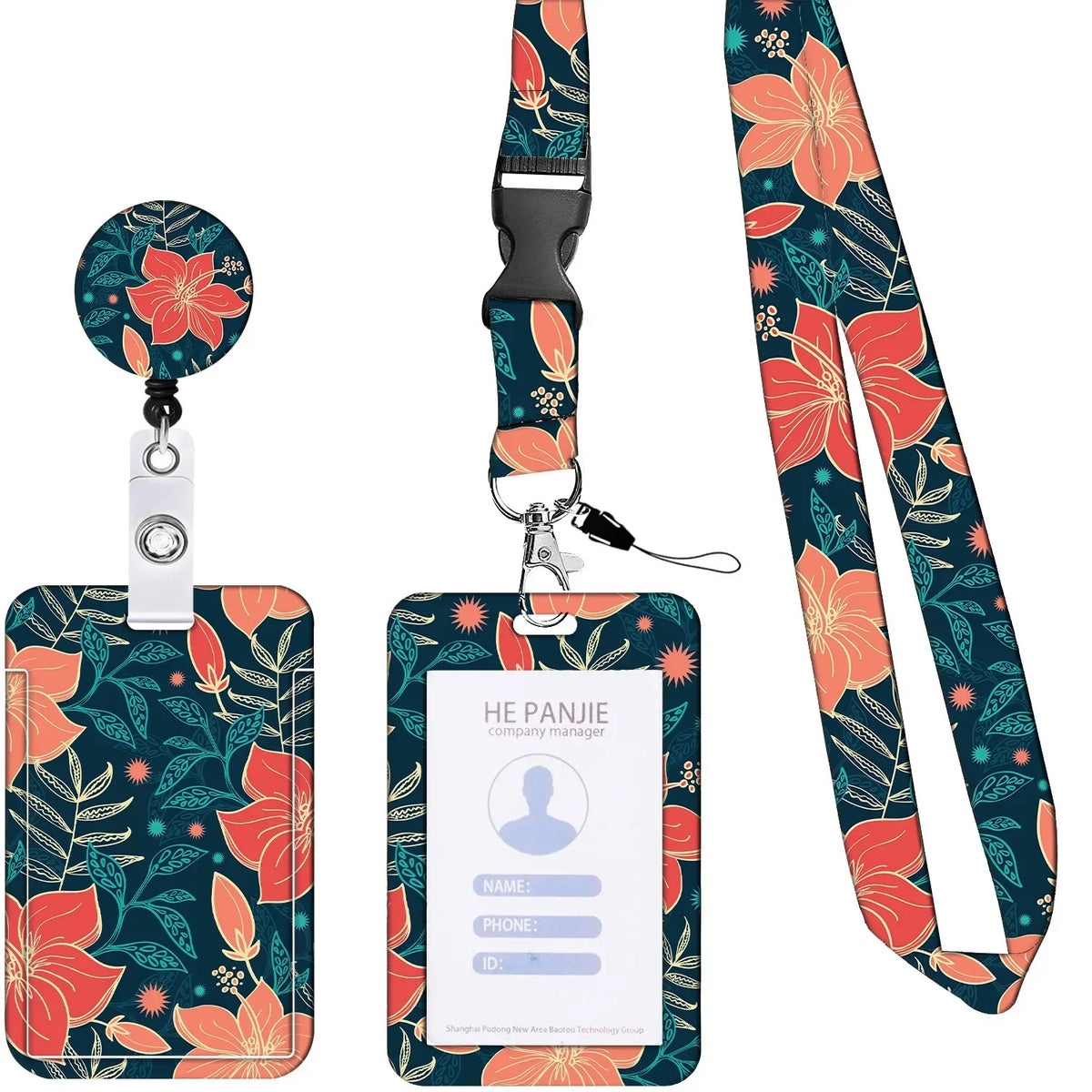 Floral retractable badge reel with a dark teal lanyard and card holder featuring orange and pink floral patterns.