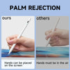 Comparison showing a palm rejection stylus pen used on a screen versus others requiring hands in the air.