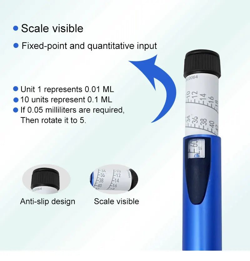 A blue reusable injection pen with a visible scale and anti-slip design, showing various unit measurements.