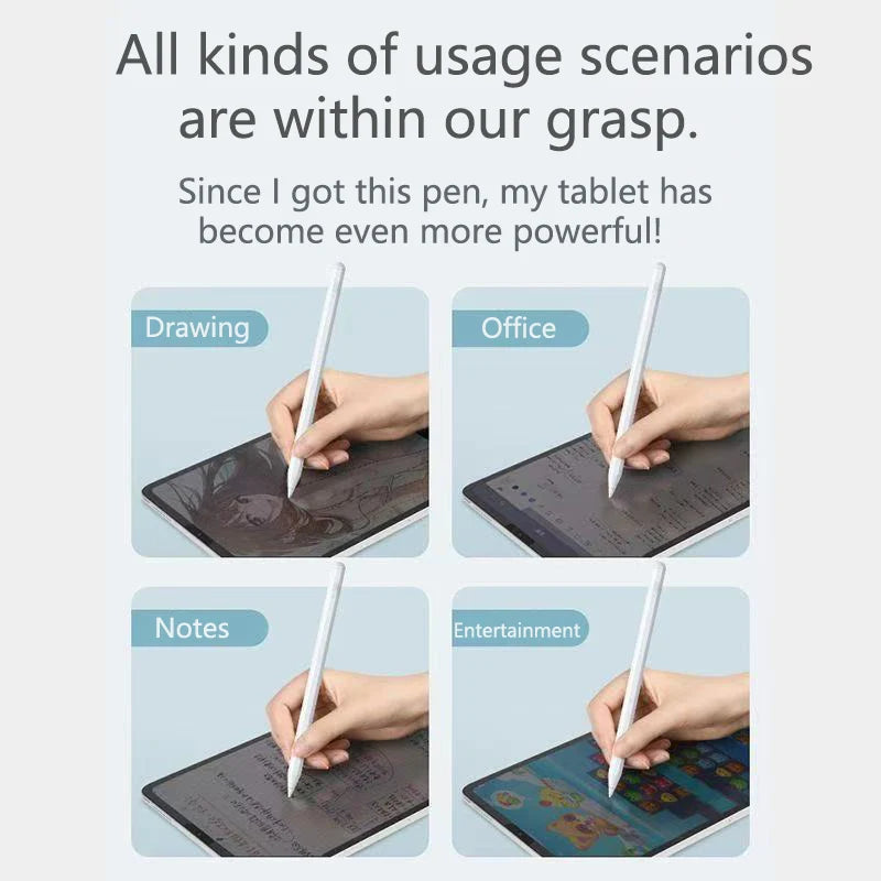 Set an Anwendungsfälle, die zeigen, wie ein Stift für Zeichnen, Büroarbeit, Notizen und Unterhaltung auf einem Tablet verwend