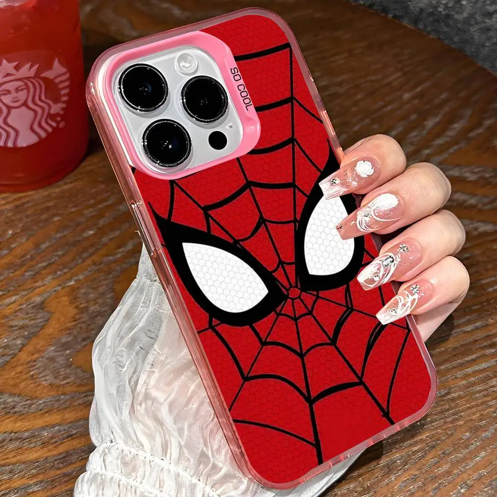 A close-up of a red and black Spider-Man mask phone case featuring a large white eye design, held by a hand.