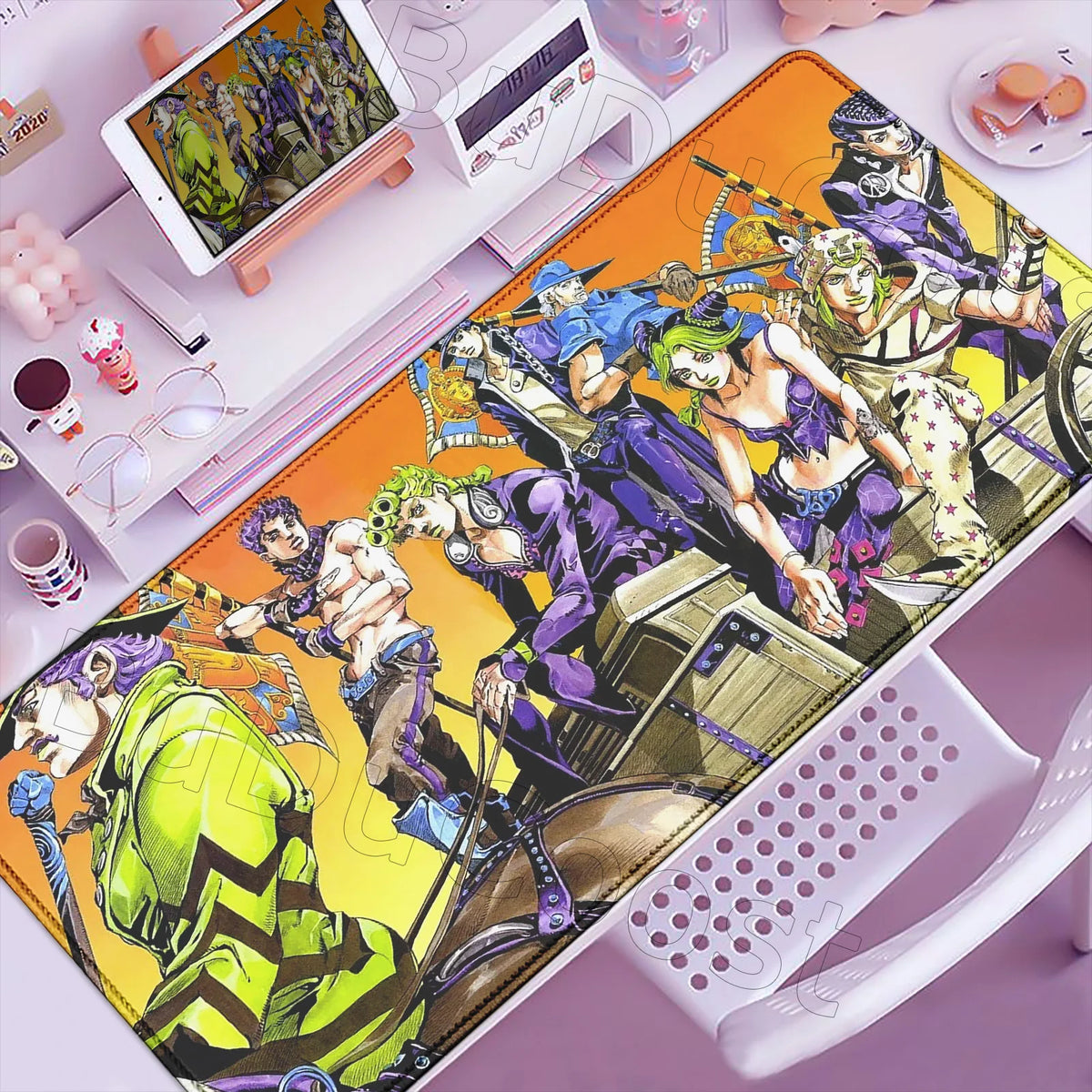 An anime-inspired XXL gaming mouse pad featuring colorful characters and artwork on a purple background.