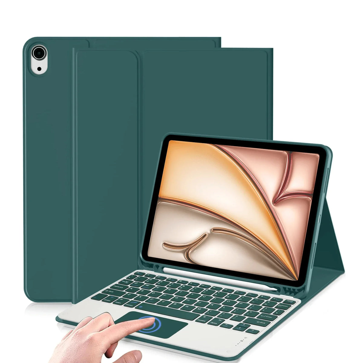 A dark green protective case with a keyboard is shown alongside an iPad Air tablet.